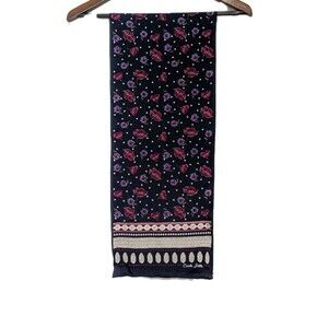 Vintage Carole Little Navy Blue Floral Silk Long Rectangle Scarf 10 X 52